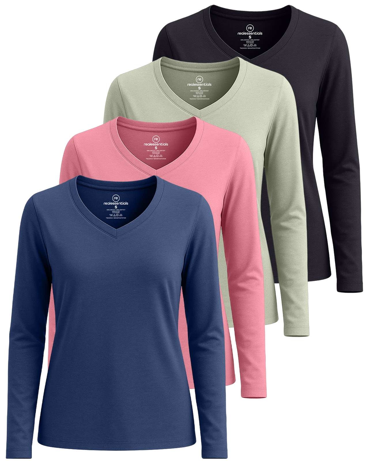 Real Essentials 4 Pack: Women’s Cotton Long Sleeve V-Neck T-Shirts – Soft Casual Lounge Tee Tops (Available in Plus)