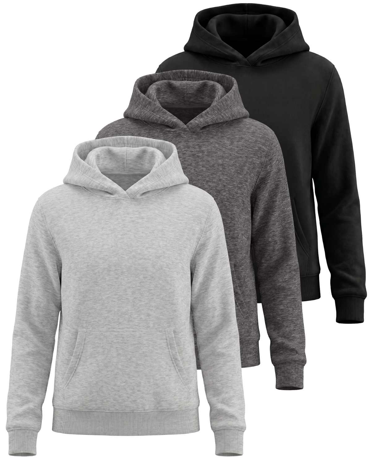 Real Essentials 3 Pack Girls' Fleece Pullover Hoodies Sweatshirts Sweaters Kids Teens Tops - Solid Black, Charcoal Heather, Grey Heather