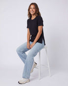Real Essentials 3 Pack Women's Cotton Tshirts Split Hem Short Sleeve Crew Neck Tees Tops - Solid Black, Solid Black, Solid Black