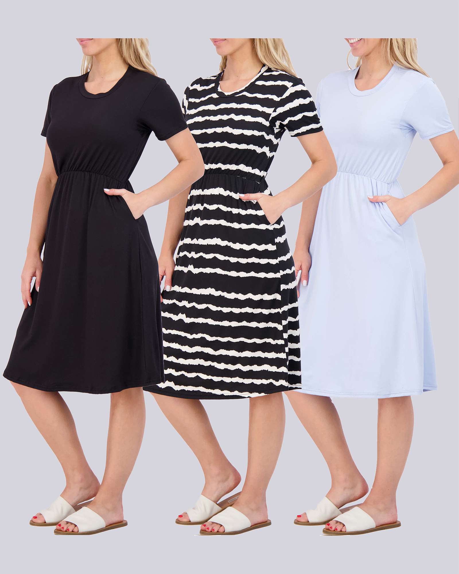 3 Pack: Women's Midi Short Sleeve Soft T-Shirt Dress (Available in Plus Size)