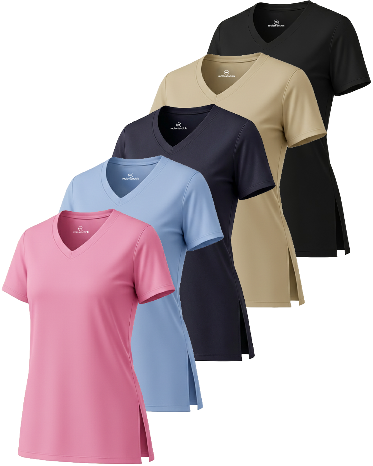 Real Essentials 5 Pack: Women's Short Sleeve Split Hem V-Neck T-Shirts, Athletic Tops, Gym, Workout, Yoga, Activewear (Plus)