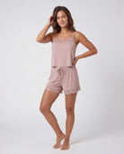 Real Essentials 2 Pack Women's Pajama Sets 2 Piece Lace Trim Cami Tank Shorts Sleepwear PJs - Solid Ballad Blue, Solid Pale Lilac