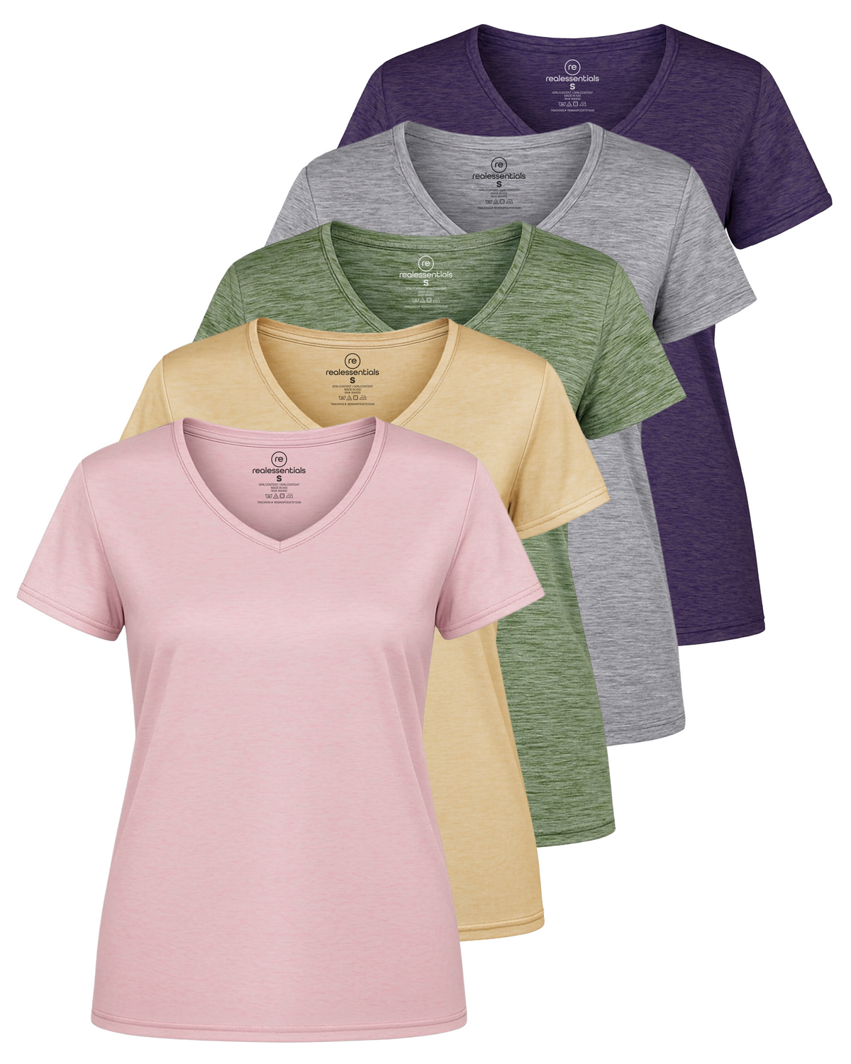 Real Essentials 5 Pack Womens Dry Fit V Neck Workout Tops Athletic T Shirts Gym Yoga Tees - Set 14