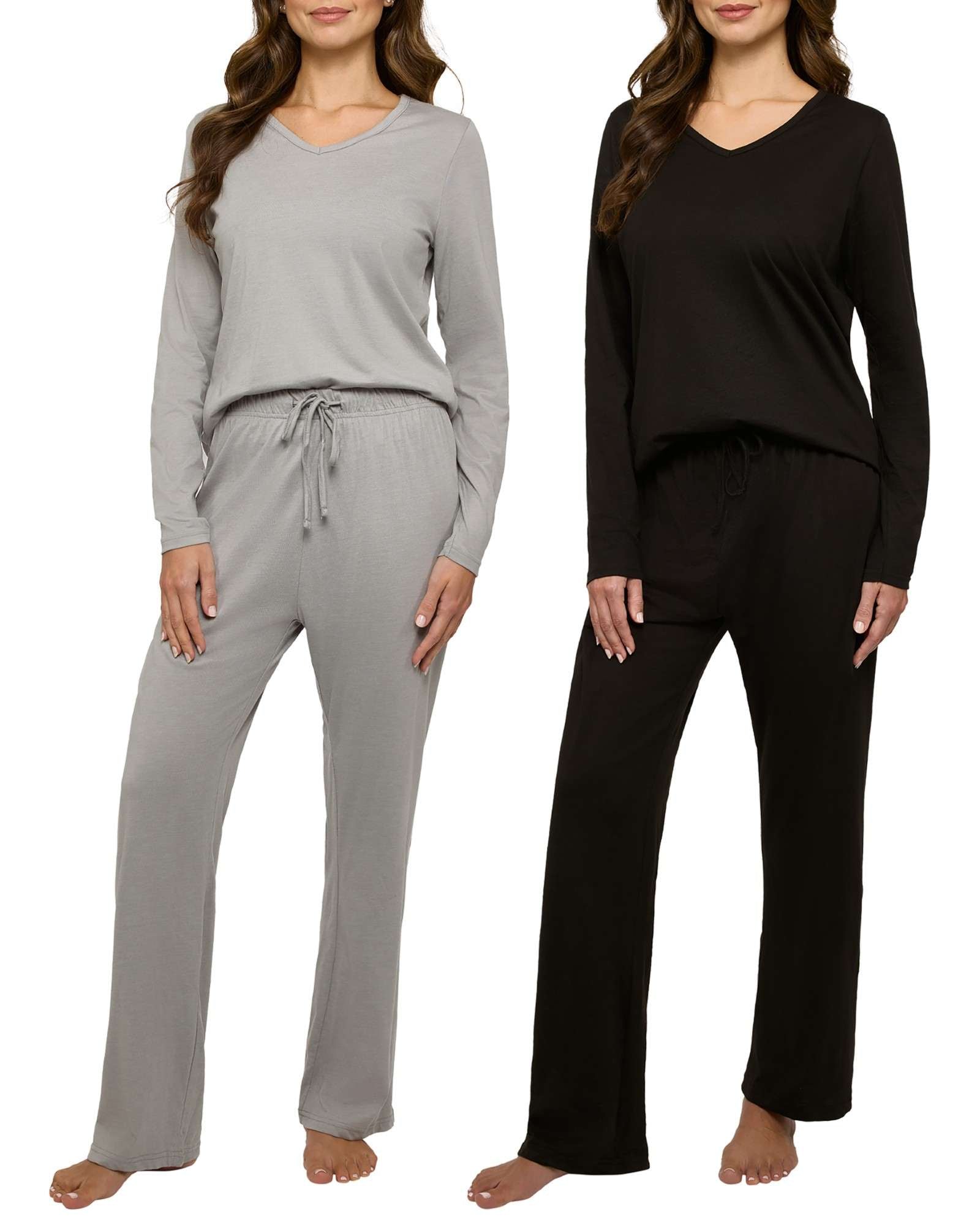 Real Essentials 2 Pack Women's Soft Cotton Long Sleeve Pajama Set with Pants - Lounge Sets for Women (Available In Plus)