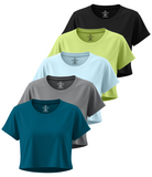 Real Essentials 5 Pack Women's Dry Fit Crop Top Workout T Shirts Short Sleeve Athletic Gym - Set 12