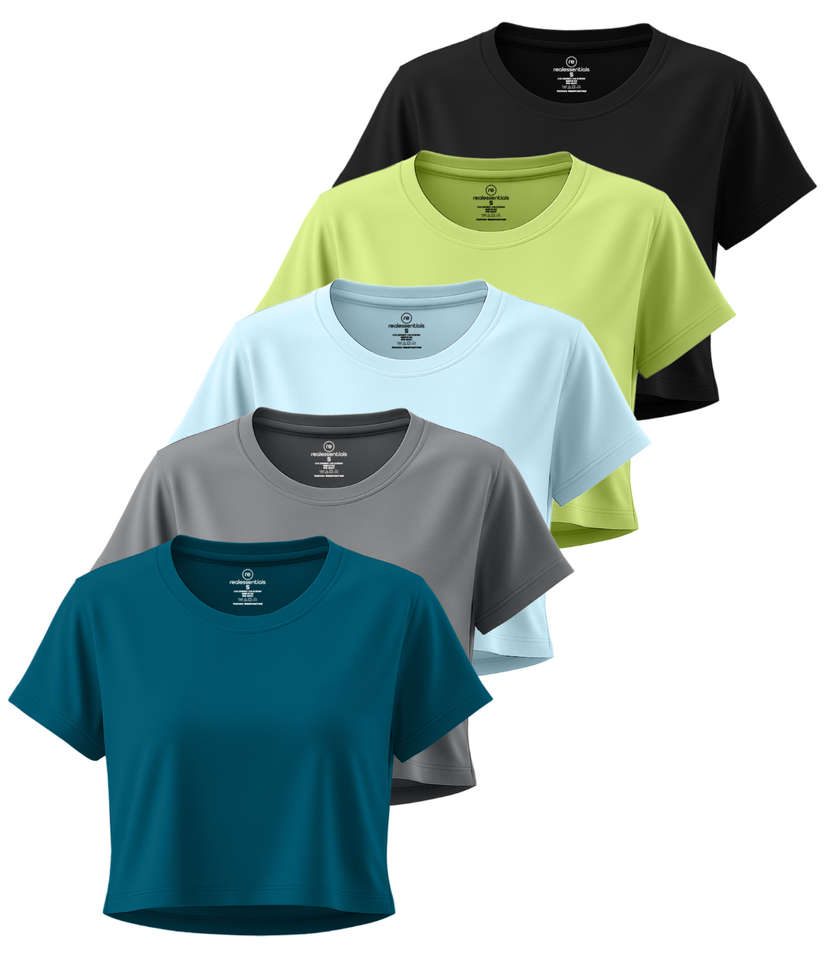 Real Essentials 5 Pack Women's Dry Fit Crop Top Workout T Shirts Short Sleeve Athletic Gym - Set 12