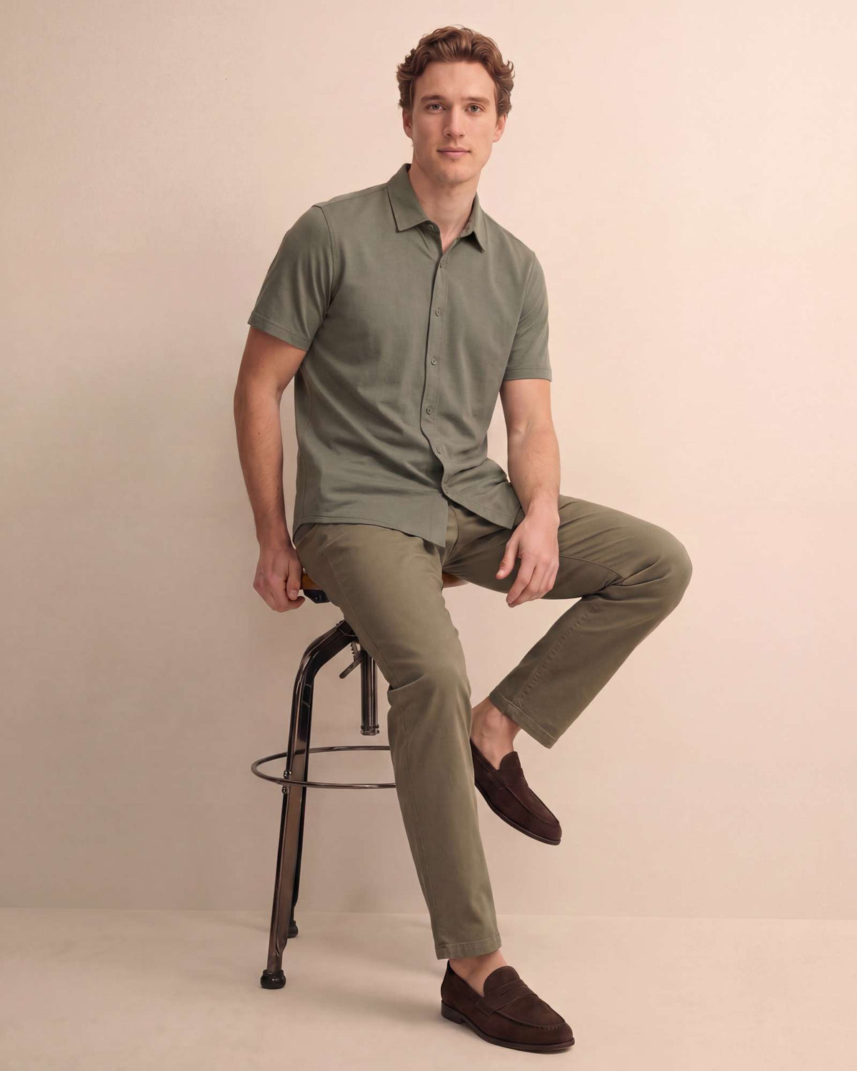 Real Essentials 3 Pack Men's Cotton Short Sleeve Button Down Casual Work Shirt Button Up - Solid Desert Sage