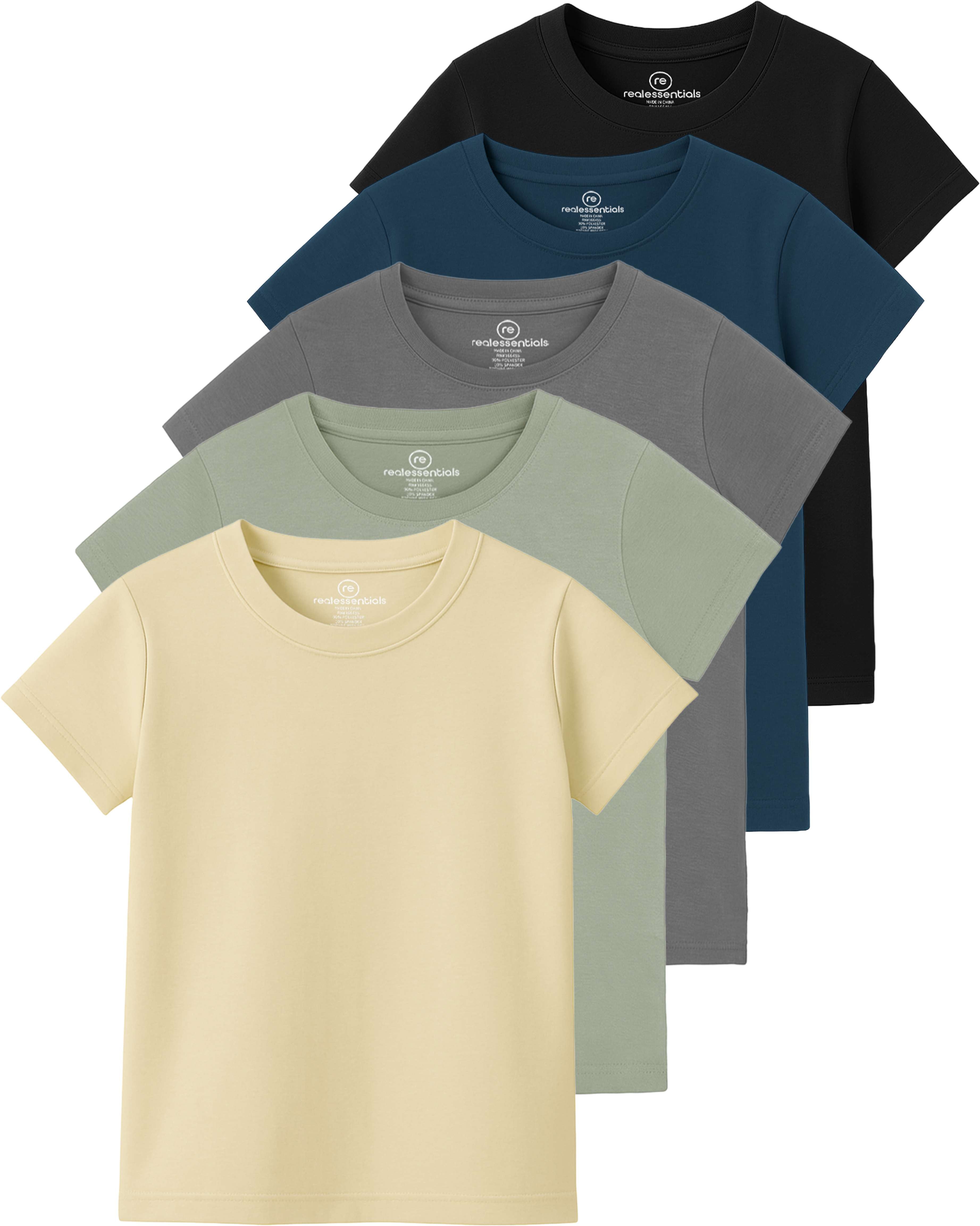 Real Essentials 5 Pack: Girls' Cotton Short Sleeve Crew Neck T-Shirt - Athletic Tee Shirt for Teens Kids Youth (Ages 4-16)