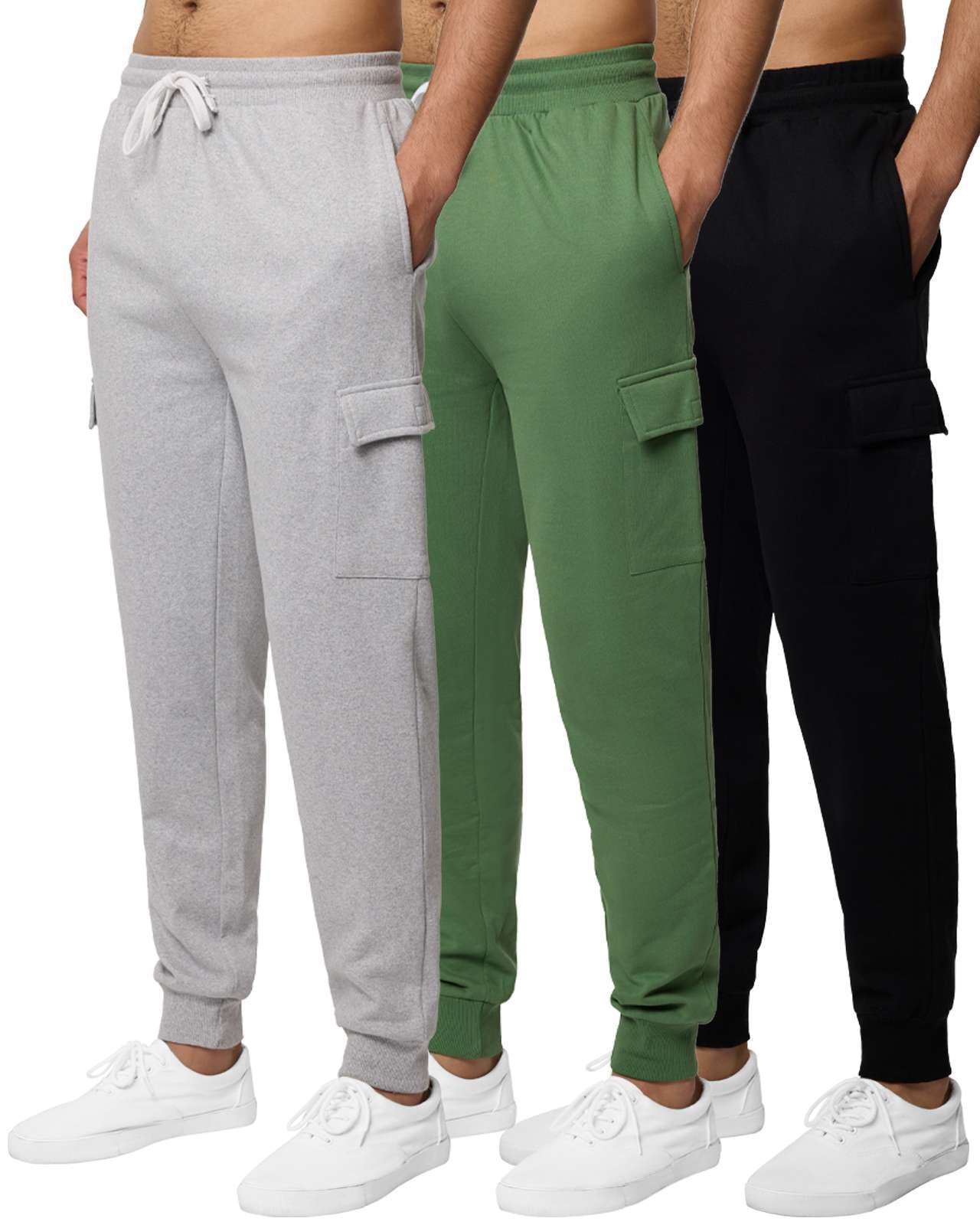 Real Essentials 3 Pack: Men's Cotton Fleece Cargo Jogger Sweatpants with Pockets