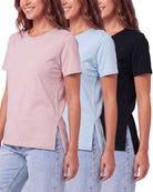 Real Essentials 3 Pack Women's Cotton Tshirts Split Hem Short Sleeve Crew Neck Tees Tops - Solid Black, Solid Ballad Blue, Solid Pale Lilac
