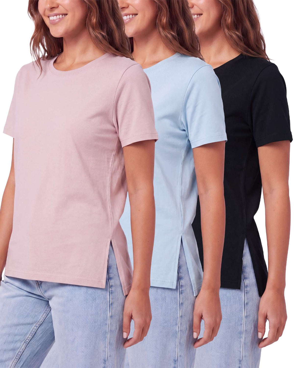 Real Essentials 3 Pack Women's Cotton Tshirts Split Hem Short Sleeve Crew Neck Tees Tops - Solid Black, Solid Ballad Blue, Solid Pale Lilac