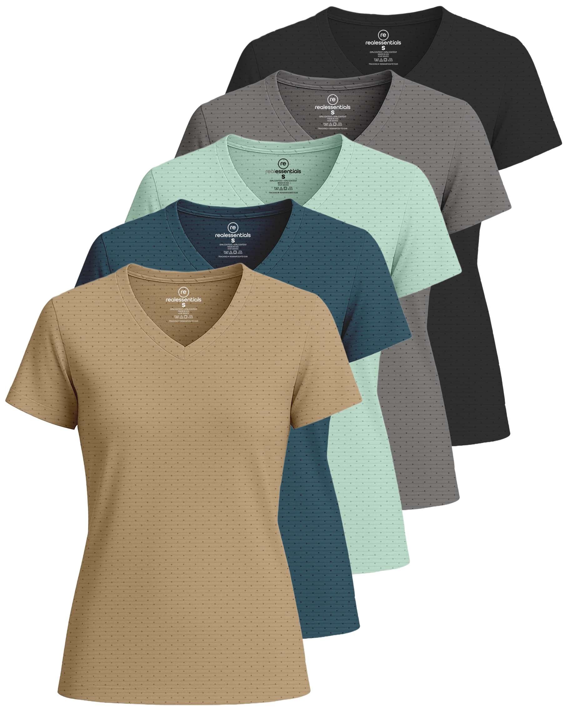Real Essentials 5 Pack: Women's Short Sleeve Breeze Tech V-Neck T Shirt –Workout Top Wicking Dry Fit Athletic Tee (Plus)
