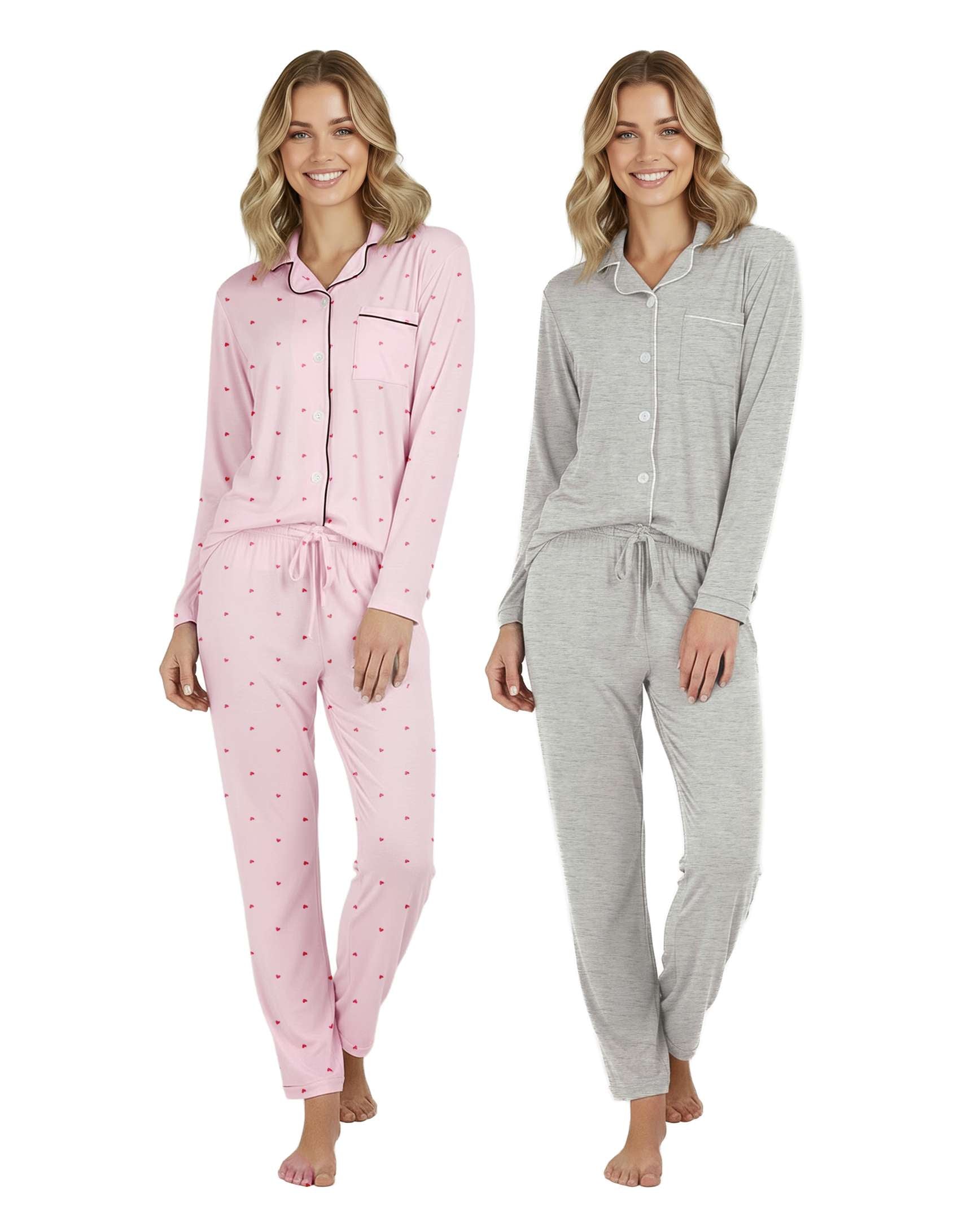4 Piece: Women’s Long Sleeve Button Down Pajama Set