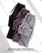 Real Essentials 3 Pack Women Velvet Straight Leg Pants Velour Sweatpants Cozy Lounge Soft - Solid Black, Solid Black, Solid Black
