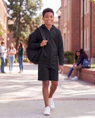 Real Essentials 3 Pack Boys' Fleece Shorts Athletic Gym Kids Teens Pajama Sleep Pockets - Solid Black, Charcoal Heather, Solid Elemental Blue