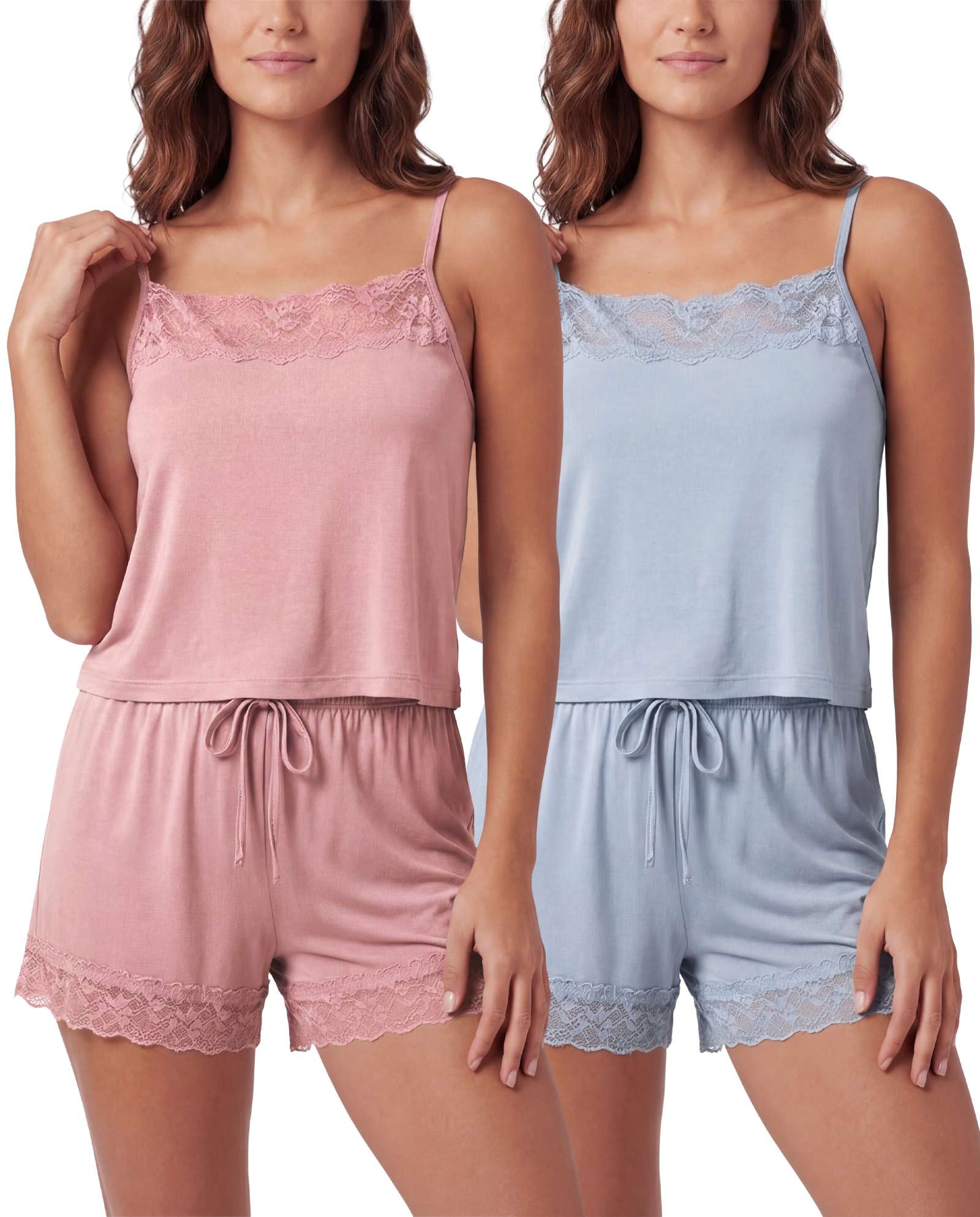 Real Essentials 2 Pack Women's Pajama Sets 2 Piece Lace Trim Cami Tank Shorts Sleepwear PJs - Solid Ballad Blue, Solid Pale Lilac
