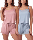 Real Essentials 2 Pack Women's Pajama Sets 2 Piece Lace Trim Cami Tank Shorts Sleepwear PJs - Solid Ballad Blue, Solid Pale Lilac
