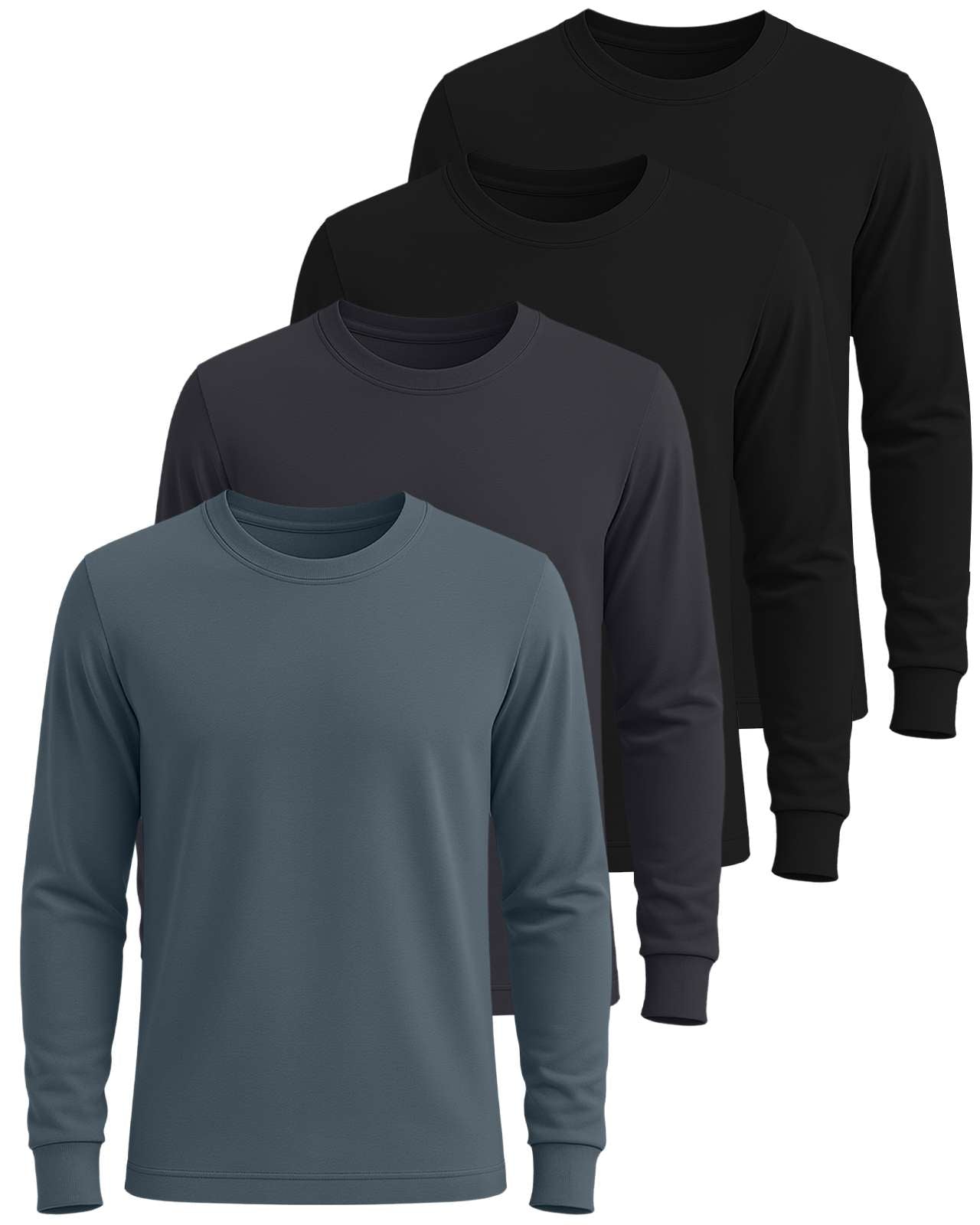 Real Essentials 4 Pack: Men's Cotton Long Sleeve Crew Neck T-Shirt - Soft Work Casual Jersey Tees