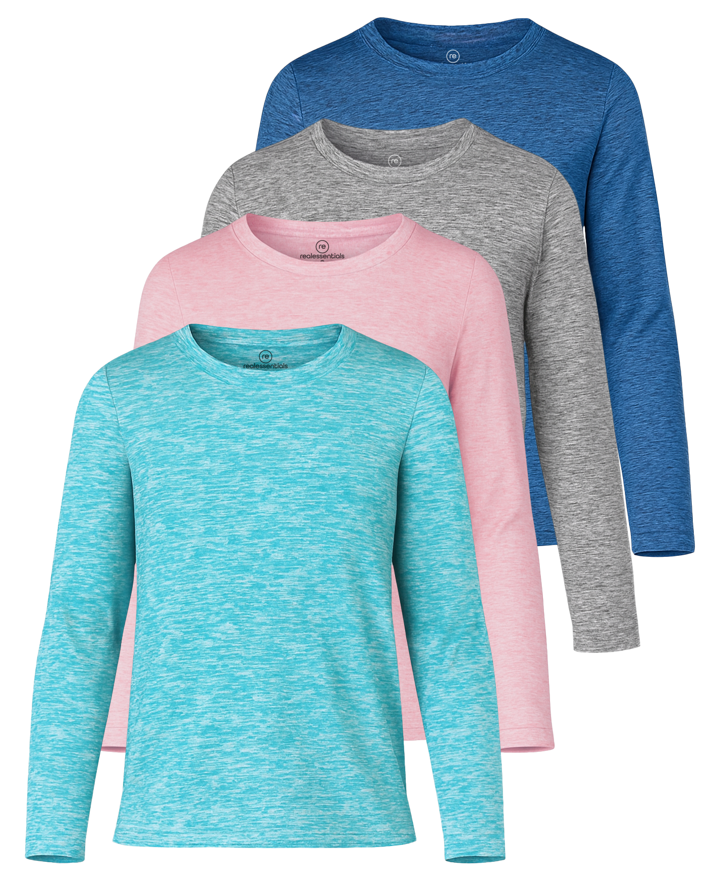 4 Pack: Girls Dry-Fit Long Sleeve Active Crew Neck T-Shirt
