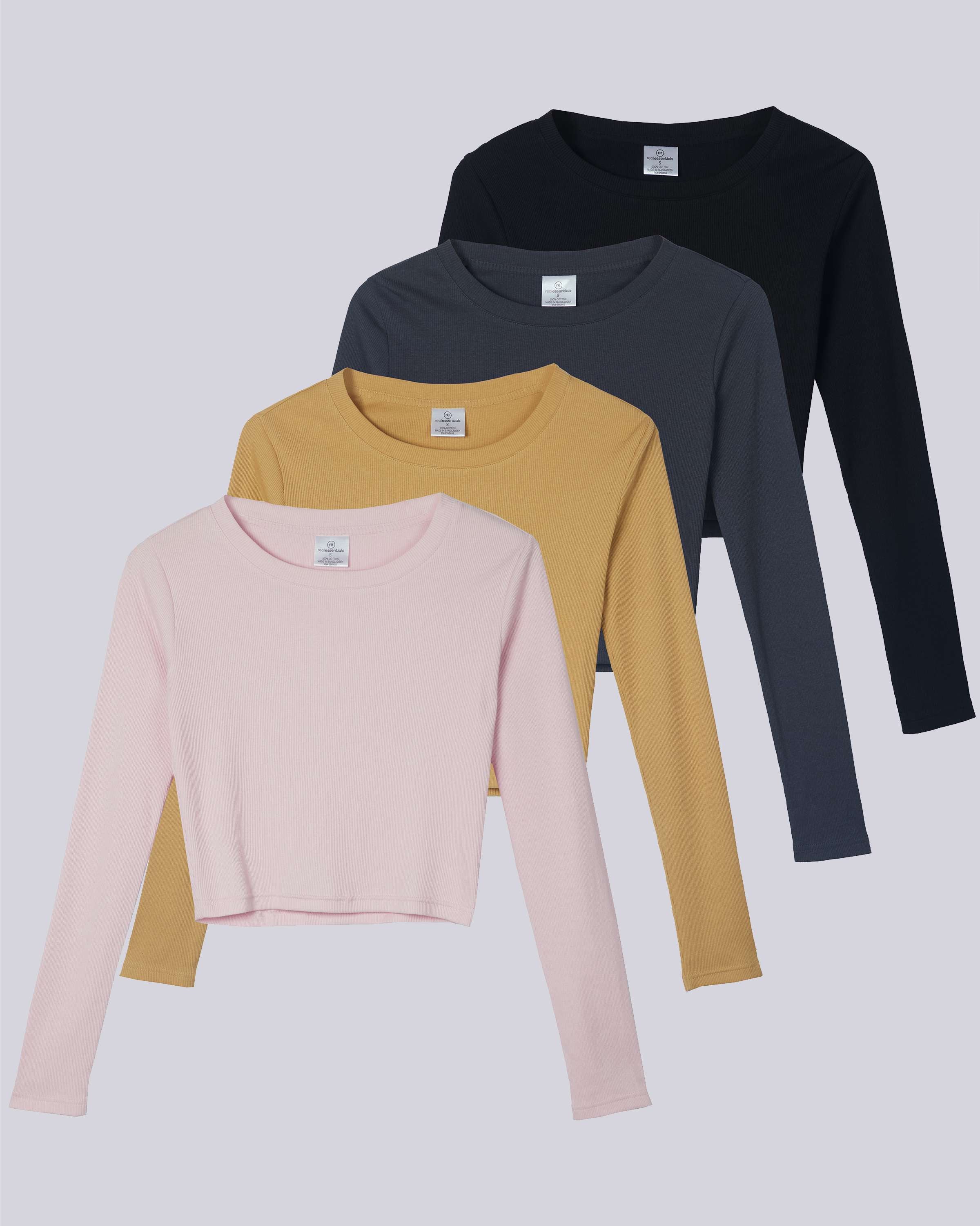 4 Pack: Women's Long Sleeve Ribbed Knit Crop Top (Available in Plus Size)