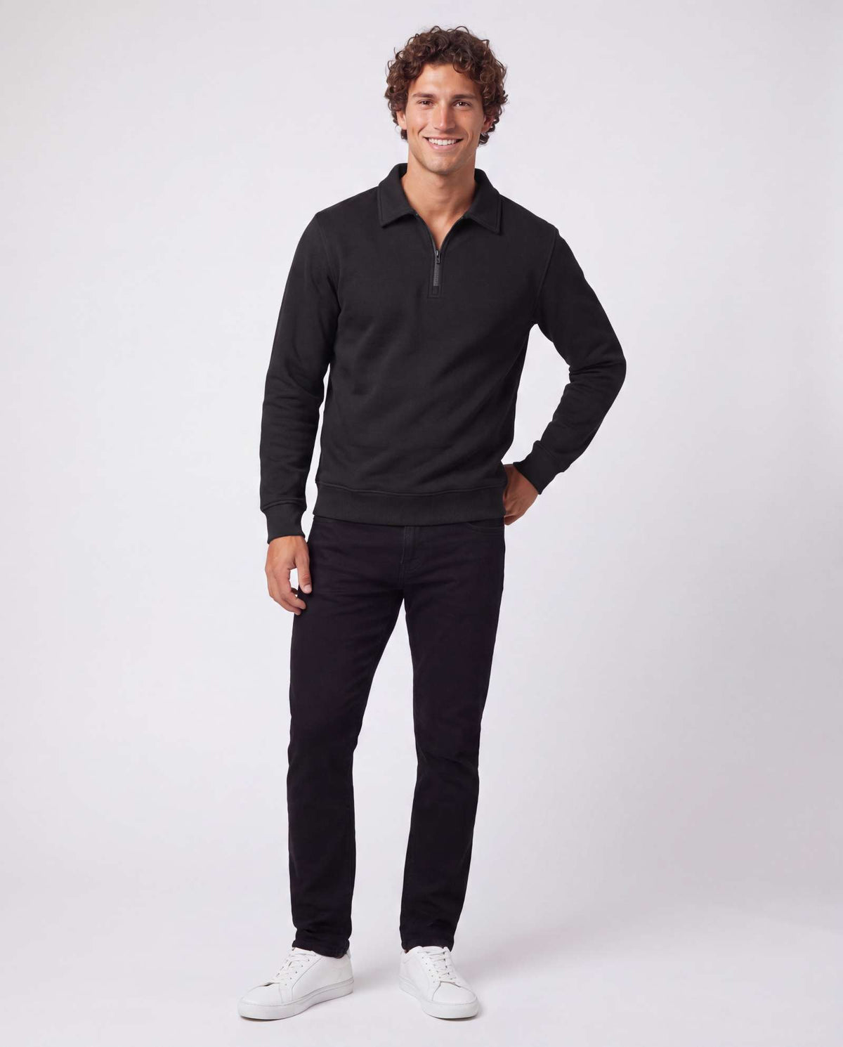 Real Essentials 2 Pack Mens Fleece Quarter Zip Sweatshirt Sweater Collared Long Sleeve Top - Solid Black, Solid Black