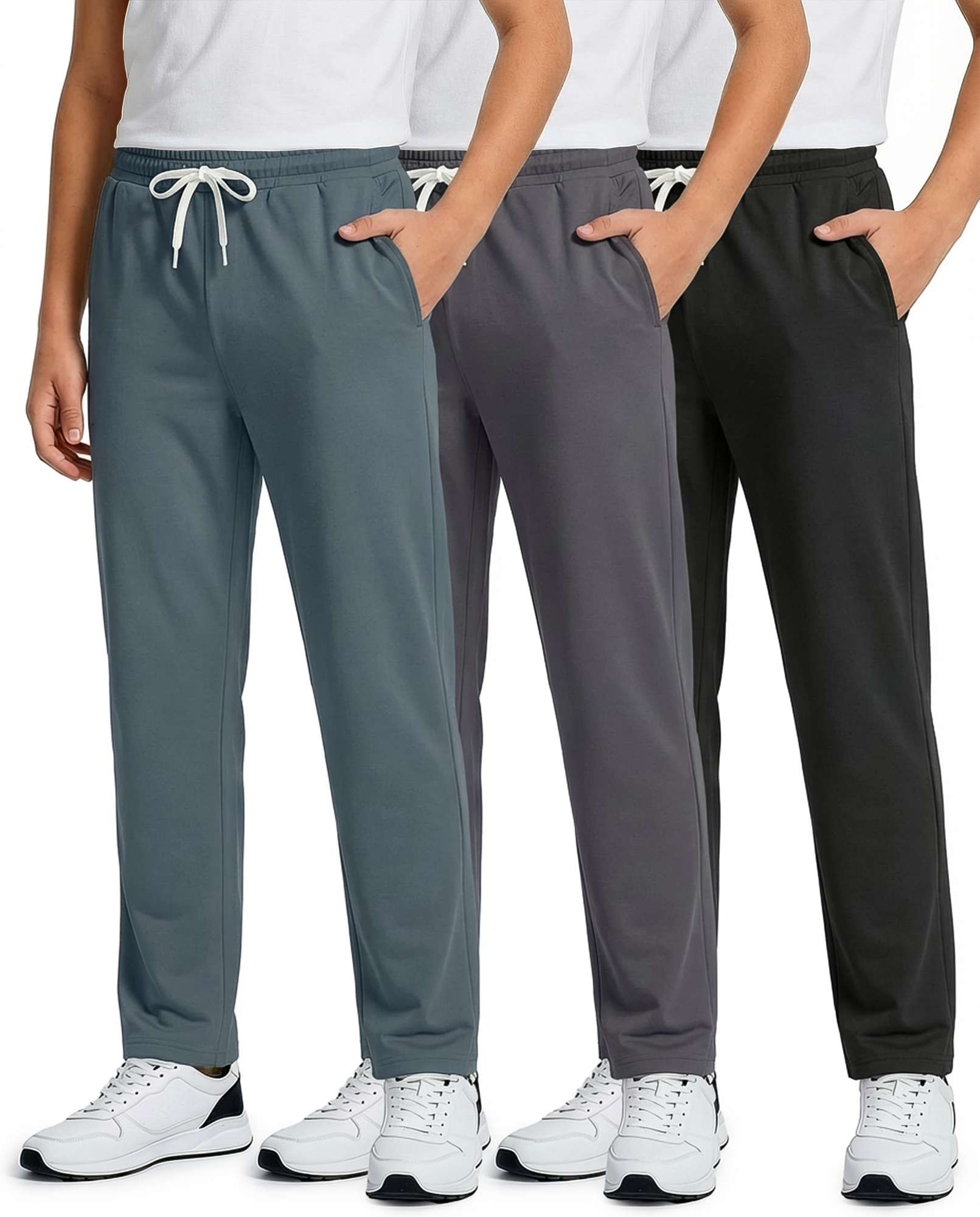 Real Essentials 3 Pack: Boys' French Terry Open Bottom Sweatpants Sweats for School Kids Teens with Pockets (Size 4-18)