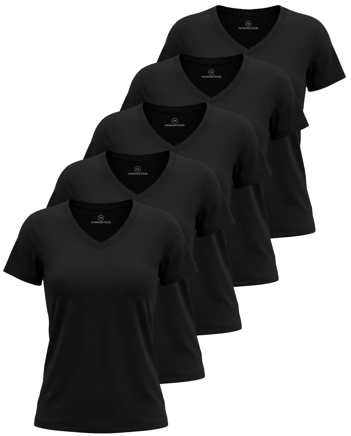 Real Essentials 5 Pack Women's V Neck Tshirts Short Sleeve Dry Fit Workout Tops Tees Shirts - Solid Black, Solid Black, Solid Black, Solid Black, Solid Black