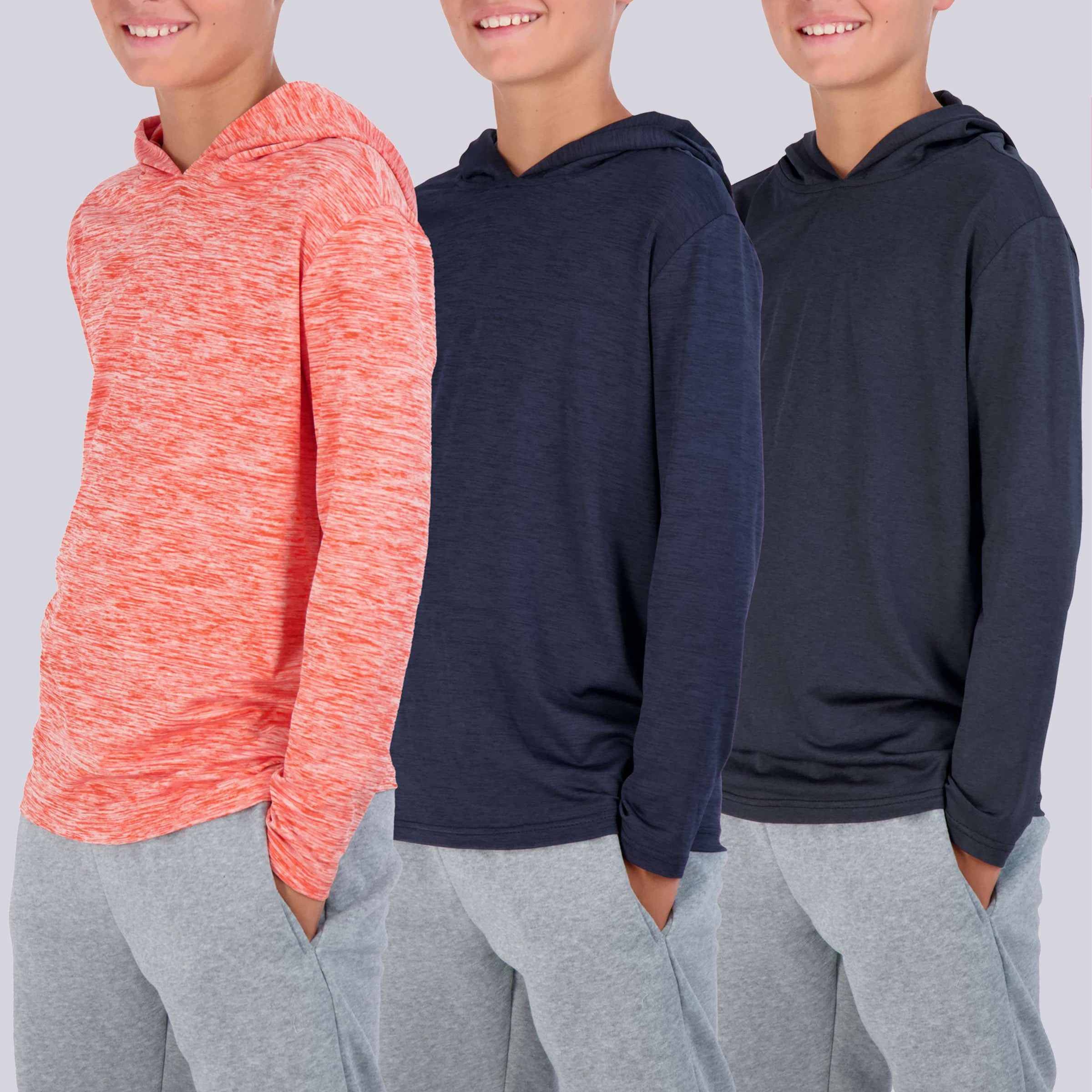 3 Pack: Boys Dry Fit Long Sleeve Active Pullover Hoodie Sweatshirt