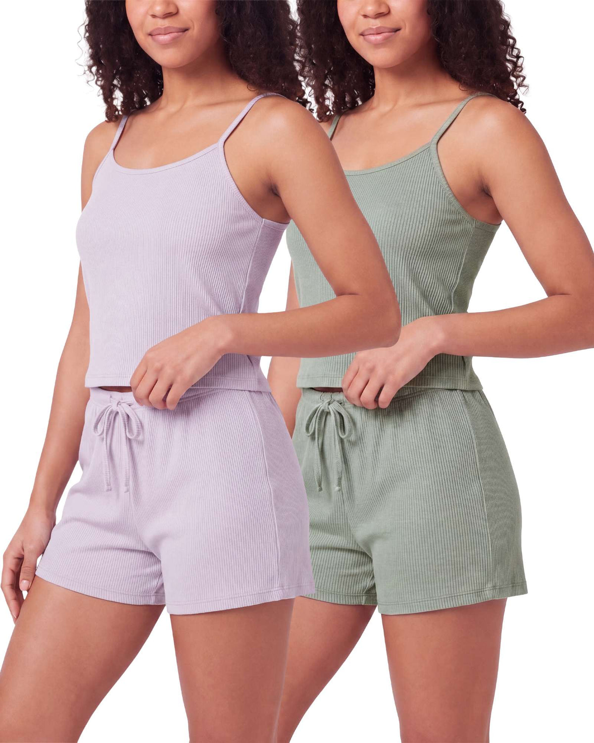 Real Essentials 2 Pack Women's Pajama Sets 2 Piece Ribbed Cropped Cami Shorts Sleepwear PJs - Solid Iceberg Green, Solid Orchid Petal
