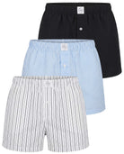 Real Essentials 3 Pack Mens Cotton Pajama Shorts Poplin Woven Lounge Sleep PJs with Pockets - Solid Black, Clear Sky Stripe, Bright White Stripe