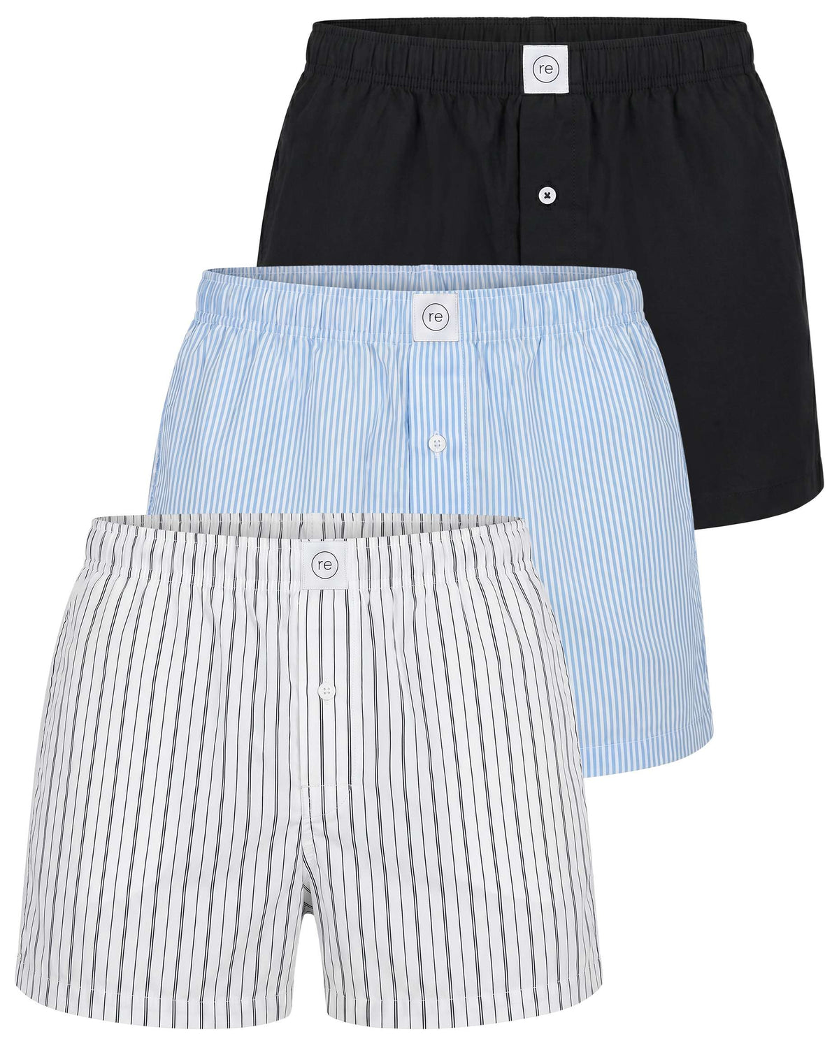 Real Essentials 3 Pack Mens Cotton Pajama Shorts Poplin Woven Lounge Sleep PJs with Pockets - Solid Black, Clear Sky Stripe, Bright White Stripe
