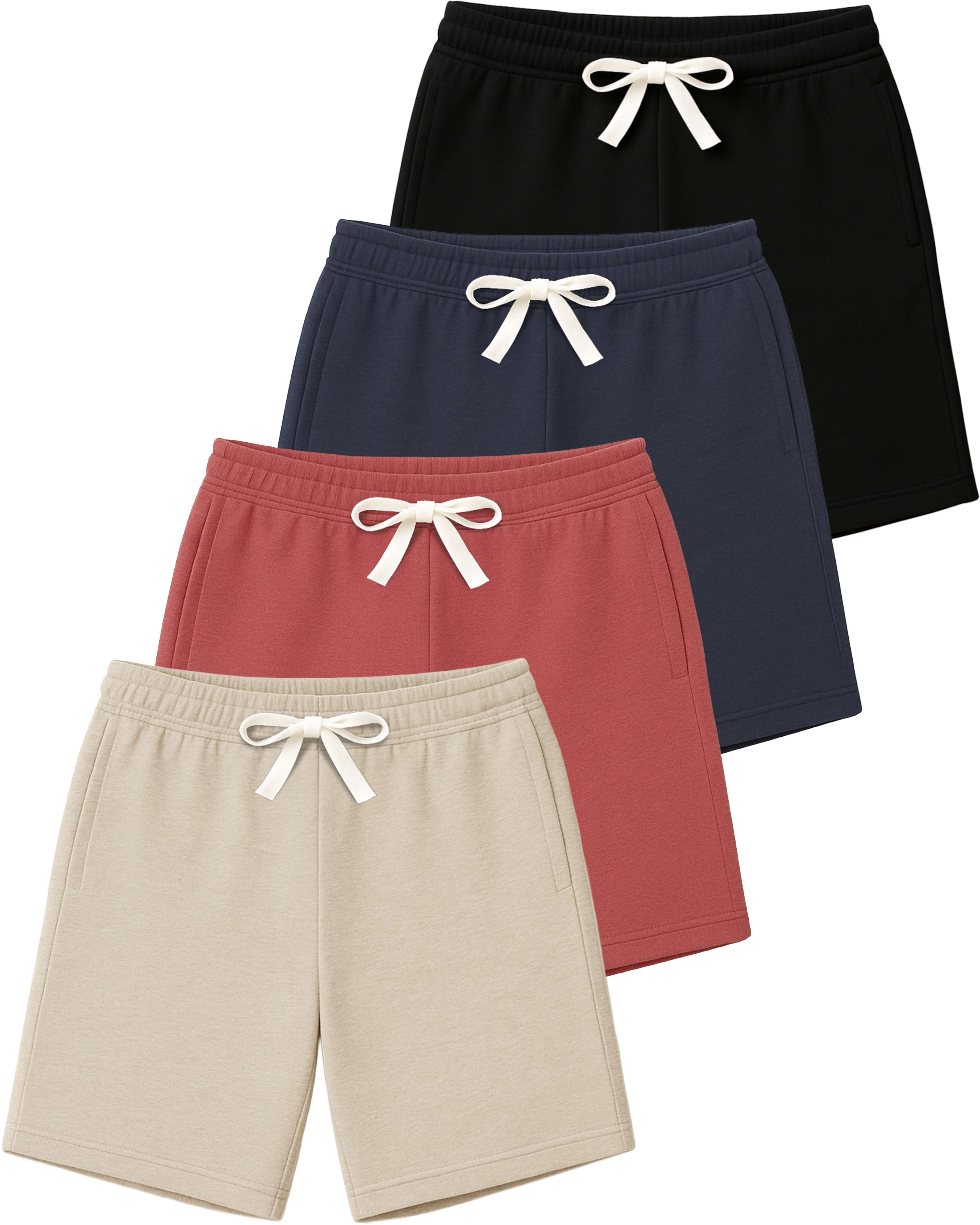 Real Essentials 4 Pack: Boys' Cotton French Terry Shorts with Pockets for Kids Teens Youth - Sleep Casual Lounge (4-18)