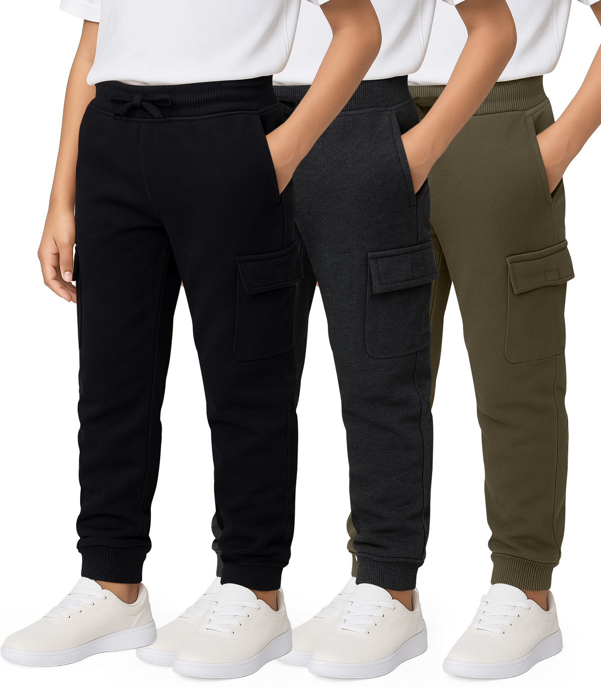 Real Essentials 3 Pack Boys' Cotton Cargo Fleece Joggers Sweatpants Pockets Athletic Kids - Set 6