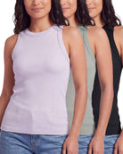 Real Essentials 3 Pack Women's Cotton Ribbed Tank Tops Sleeveless Crew Neck Basic Layering - Solid Black, Solid Iceberg Green, Solid Orchid Petal
