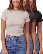 Real Essentials 3 Pack Women's Cropped Cotton Tshirts Ribbed Cap Sleeve Tees Going Out Tops - Solid Black, Solid Chocolate Torte, Solid Moonbeam