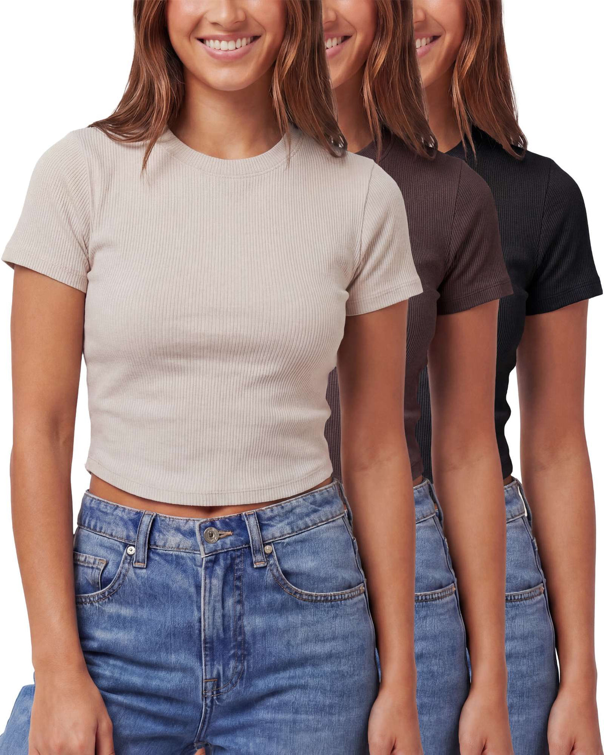 Real Essentials 3 Pack Women's Cropped Cotton Tshirts Ribbed Cap Sleeve Tees Going Out Tops - Solid Black, Solid Chocolate Torte, Solid Moonbeam