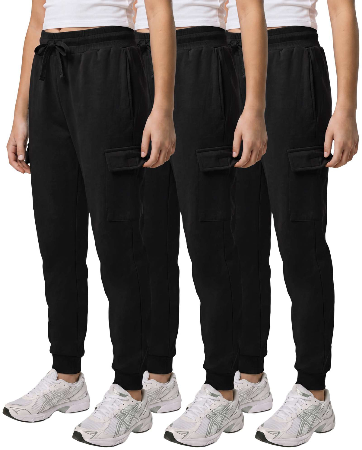 Real Essentials 3 Pack Girls Fleece Cargo Joggers Sweatpants Kids Pants Teen Girl Athletic - Solid Black, Solid Black, Solid Black