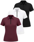 Real Essentials 3 Pack Women's Dry Fit Golf Polo Shirts with Zipper Short Sleeve Collared - Solid Black, Solid Burgundy, Solid Bright White