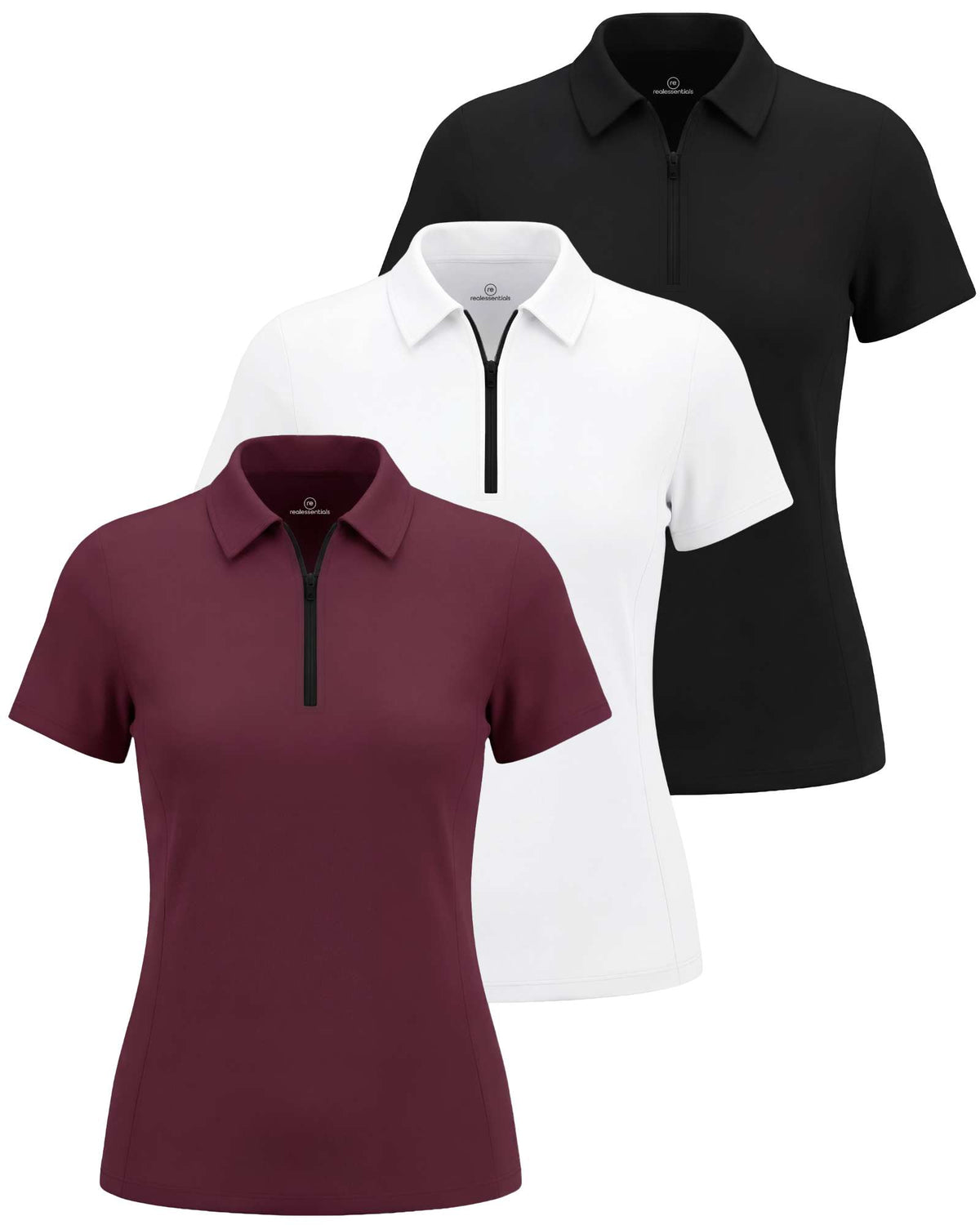Real Essentials 3 Pack Women's Dry Fit Golf Polo Shirts with Zipper Short Sleeve Collared - Solid Black, Solid Burgundy, Solid Bright White