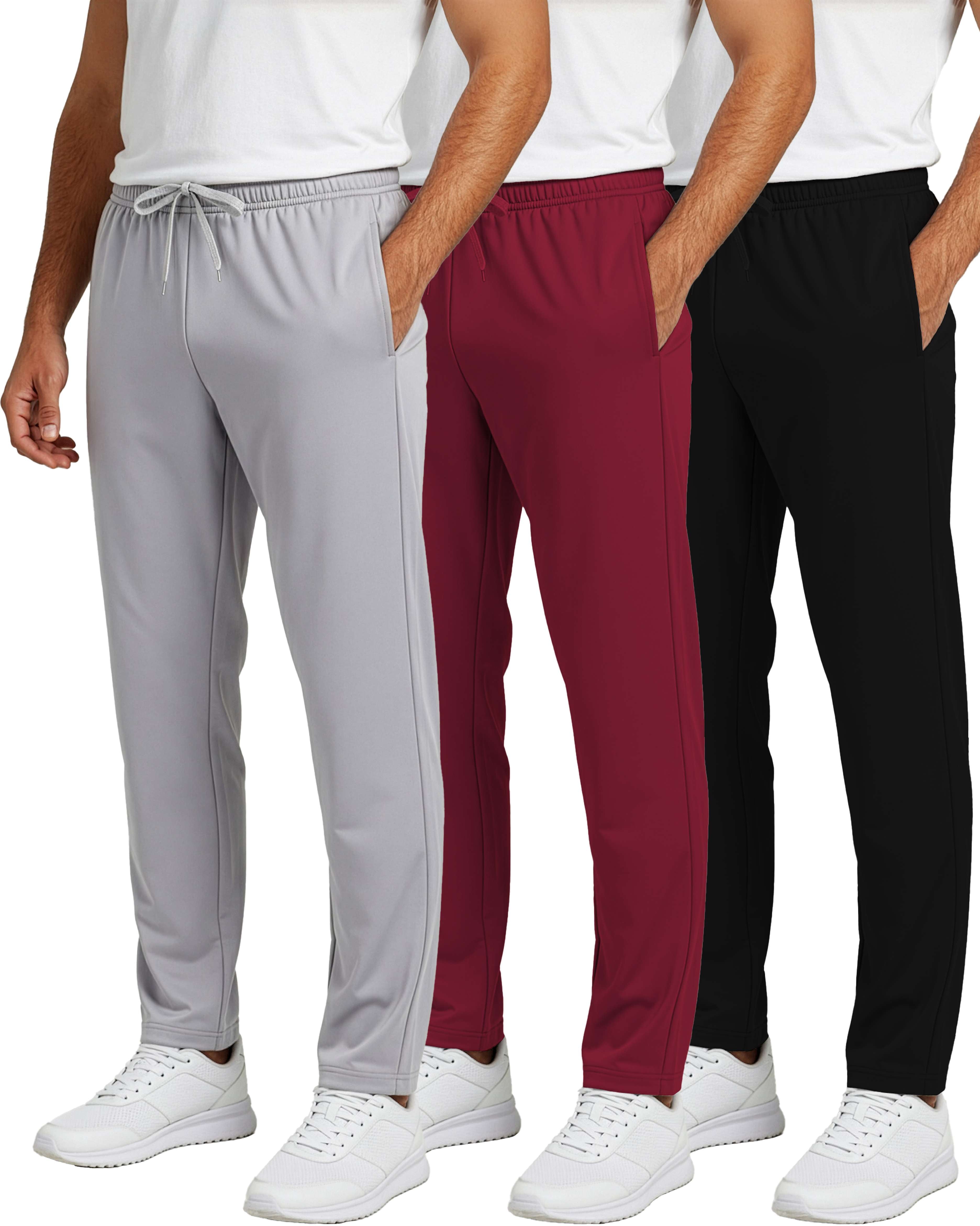 3 Pack: Mens Active Athletic Casual Tricot Open Bottom Sweatpants with Pockets (Available in Big & Tall)