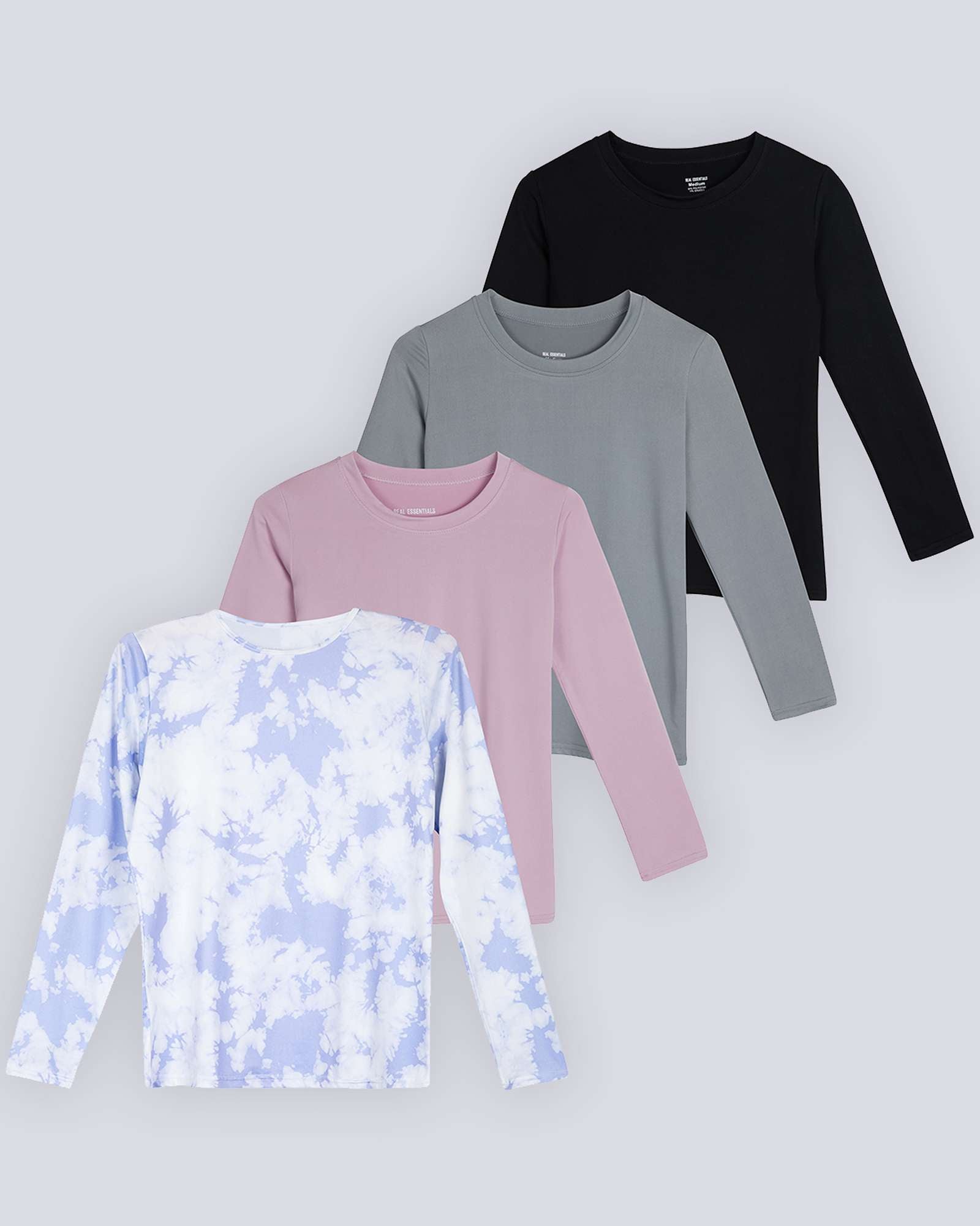 4 Pack: Girls Dry-Fit Long Sleeve Active Crew Neck T-Shirt