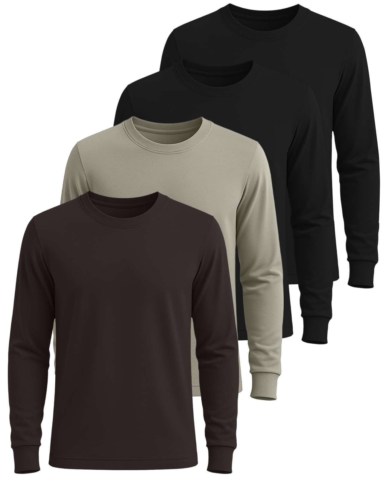 Real Essentials 4 Pack: Men's Cotton Long Sleeve Crew Neck T-Shirt - Soft Work Casual Jersey Tees