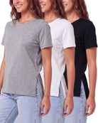 Real Essentials 3 Pack Women's Cotton Tshirts Split Hem Short Sleeve Crew Neck Tees Tops - Solid Black, Solid Bright White, Grey Heather