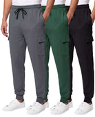 Real Essentials 3 Pack Mens Fleece Cargo Joggers Sweatpants Cuffed Athletic Gym Pockets - Solid Black, Solid Hunter Green, Solid Quiet Shade