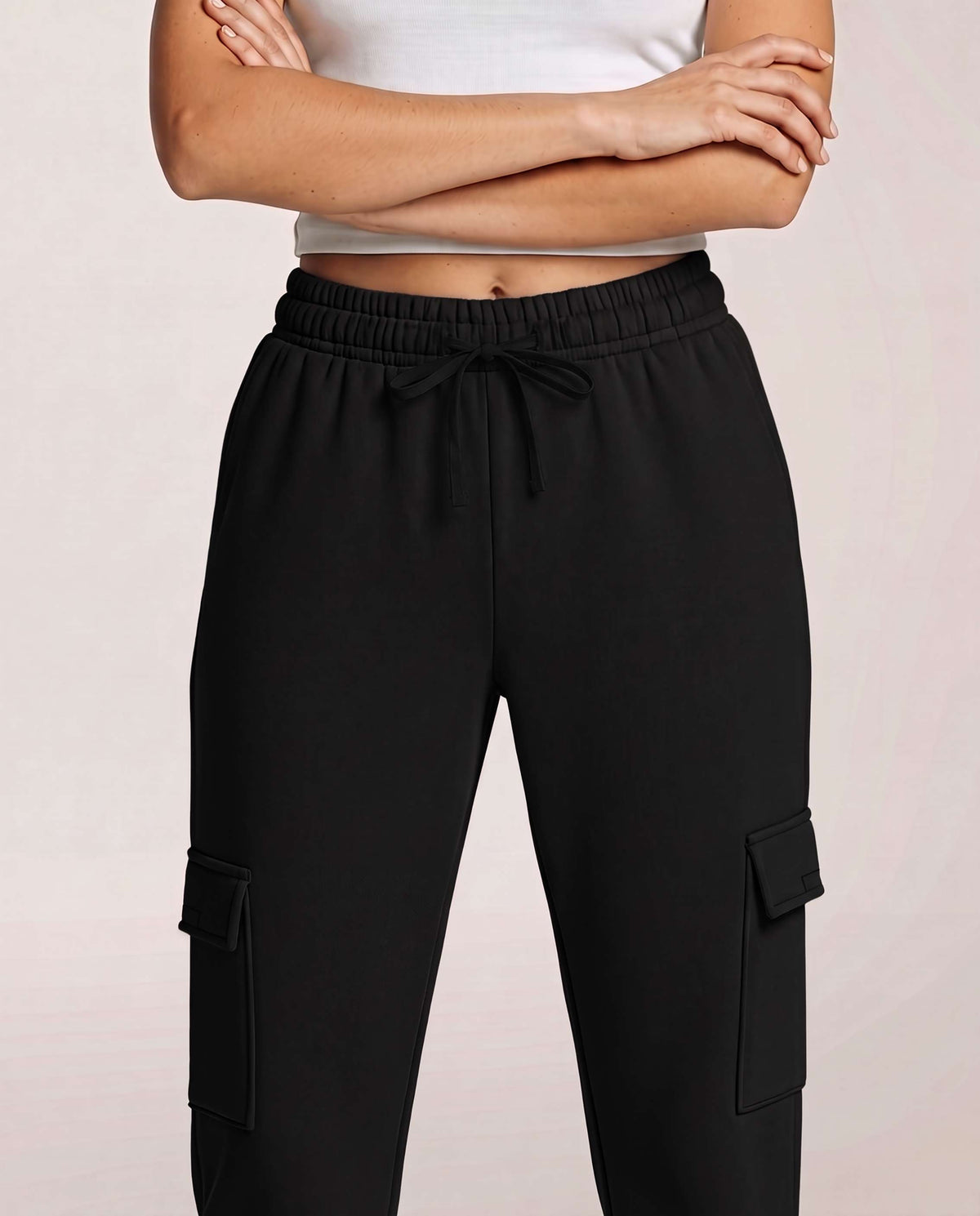 Real Essentials 3 Pack Women's Fleece Cargo Sweatpants Lounge Casual Sweat Pants Pockets - Solid Black, Solid Black, Solid Black