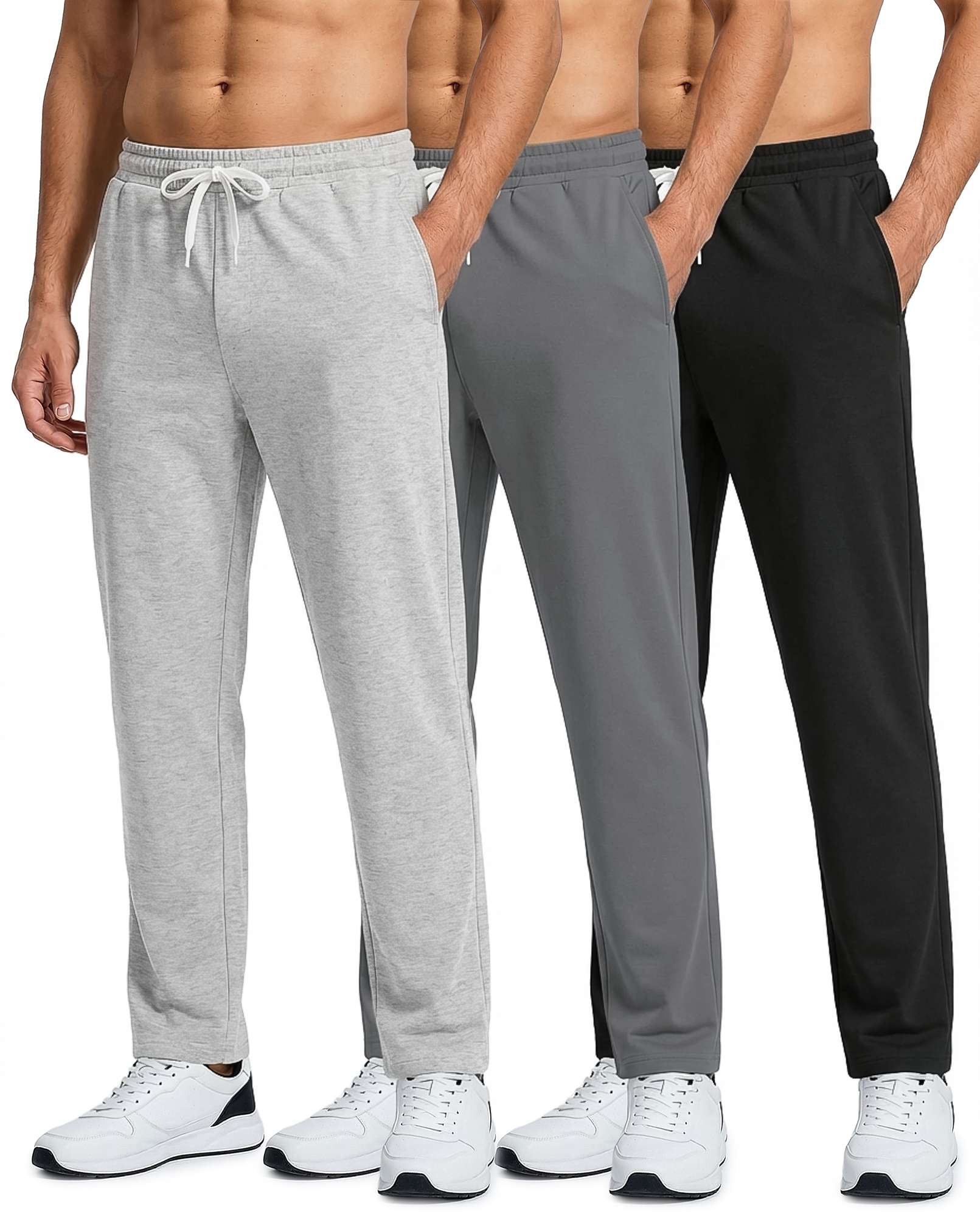 Real Essentials 3 Pack: Men's French Terry Open Bottom Sweatpants - Casual Lounge Comfort Gym with Pockets