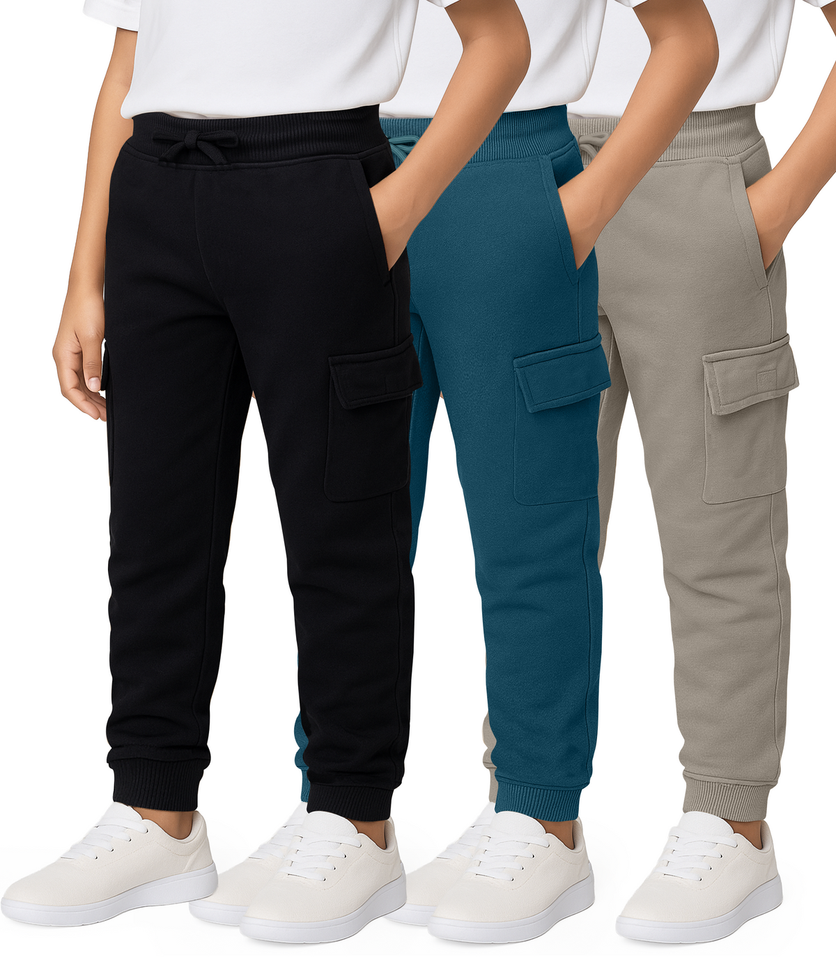 Real Essentials 3 Pack Boys' Cotton Cargo Fleece Joggers Sweatpants Pockets Athletic Kids - Set 4
