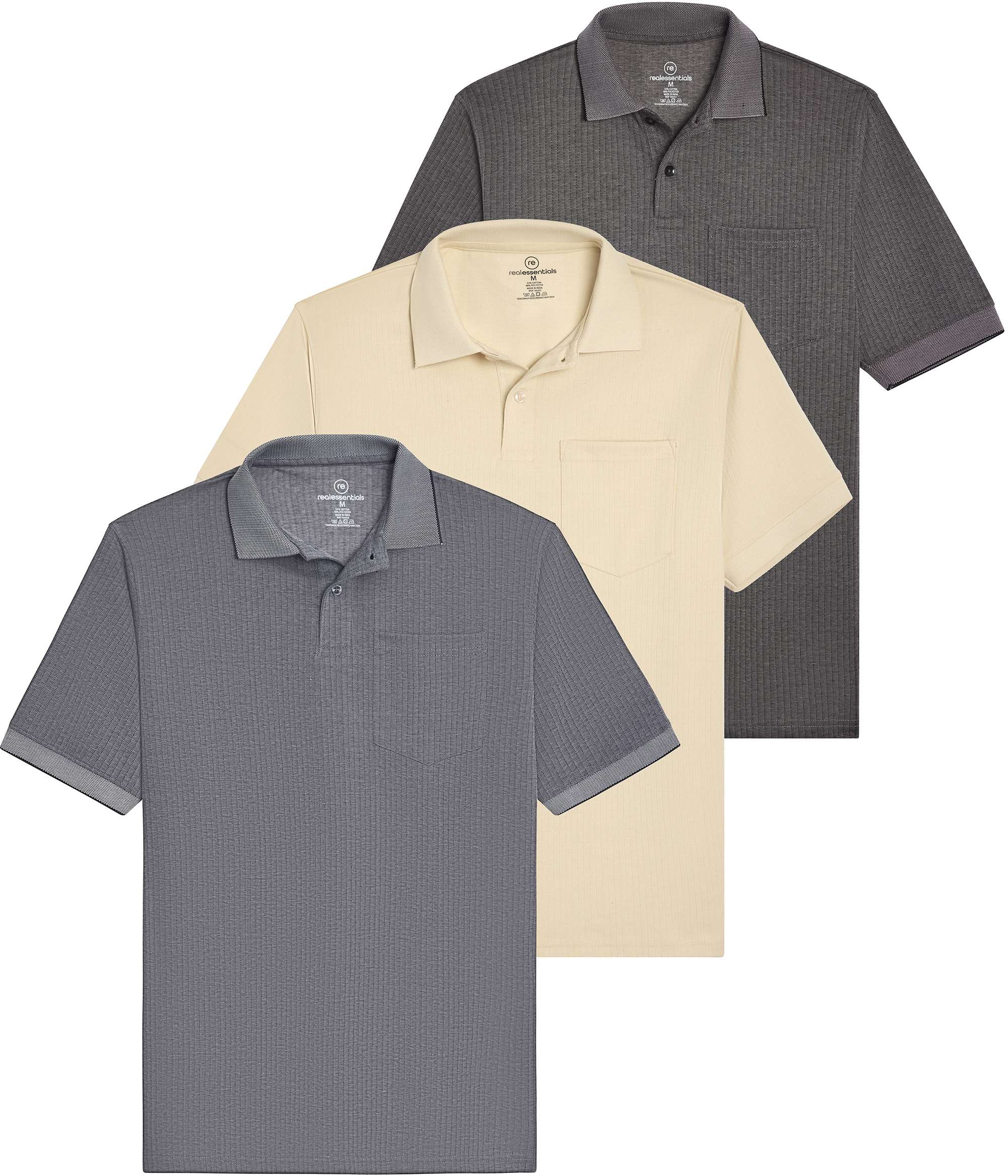 3 Pack: Men's Ribbed CVC SS Polo Shirt With Pocket - Breathable Performance Polo (Available in Big & Tall)