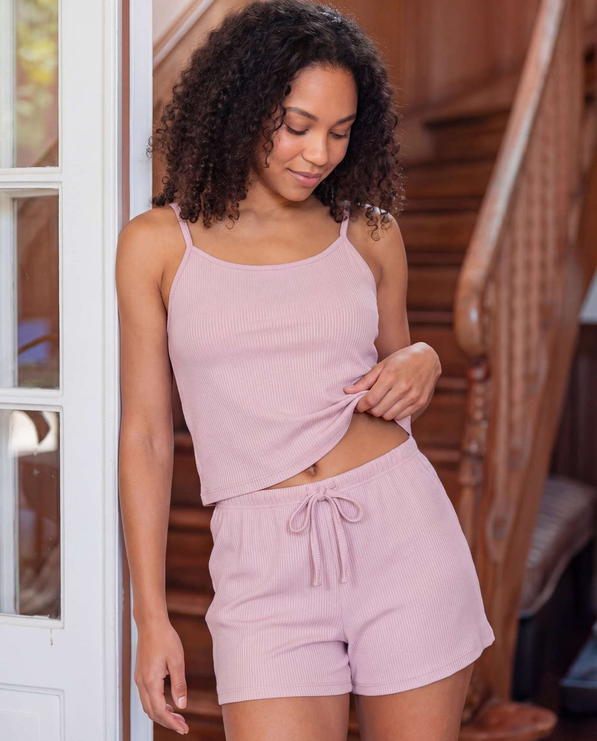 Real Essentials 2 Pack Women's Pajama Sets 2 Piece Ribbed Cropped Cami Shorts Sleepwear PJs - Solid Ballad Blue, Solid Pale Lilac