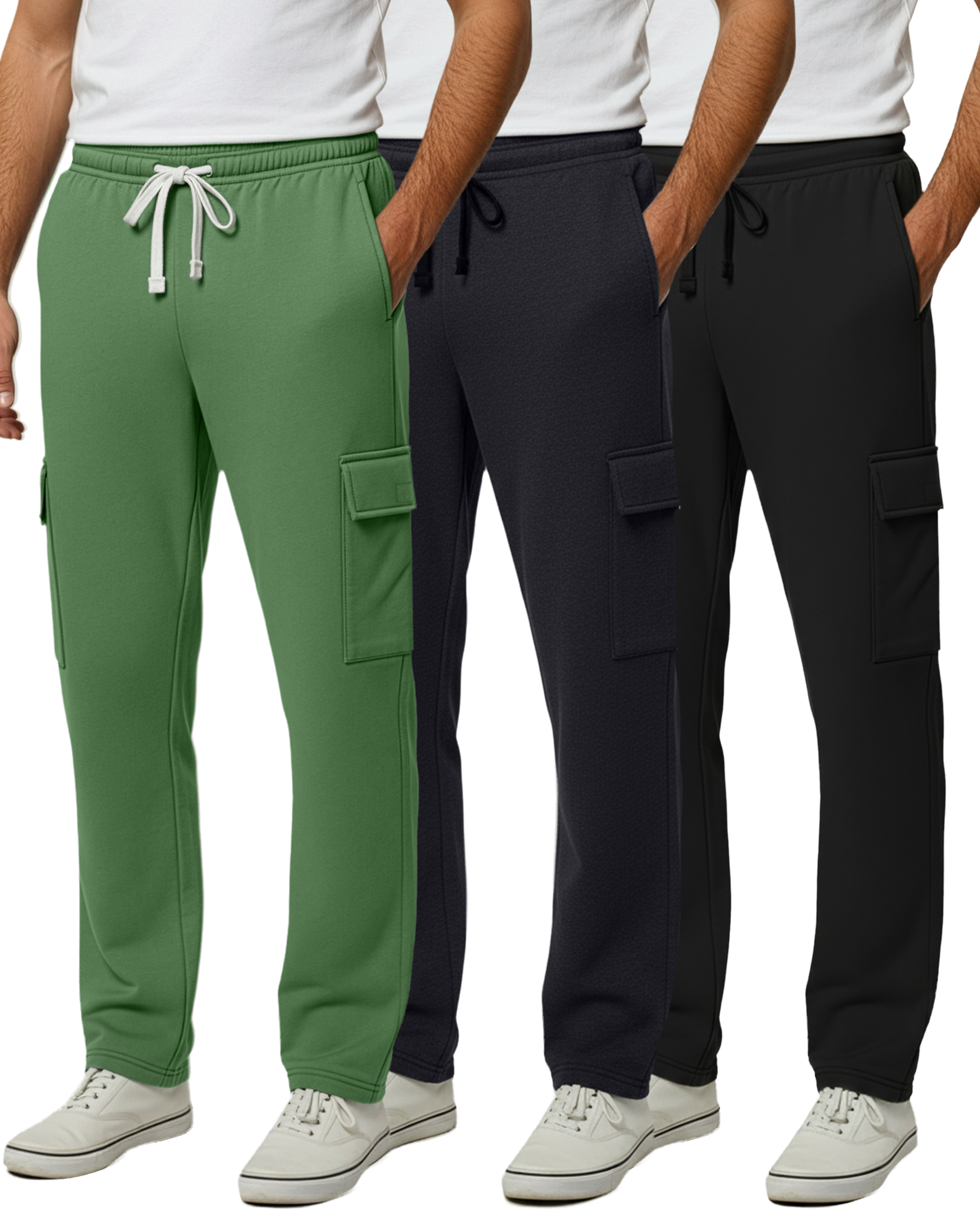 3 Pack: Mens Fleece Cargo Open Bottom Sweatpants